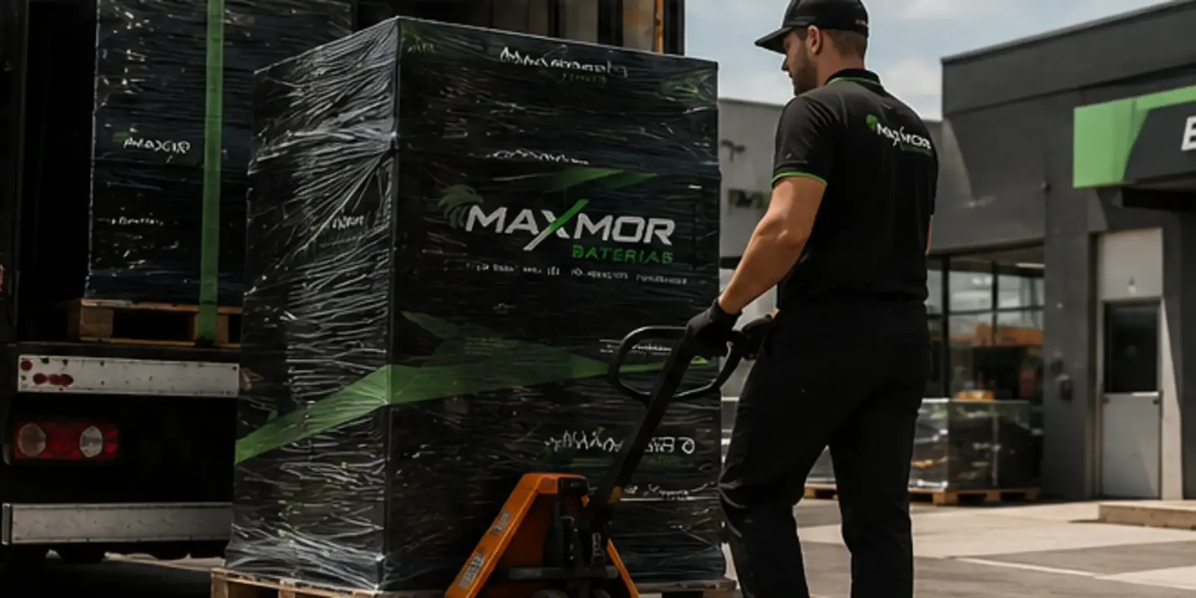Pallets de baterias automotivas chegando a uma loja especializada