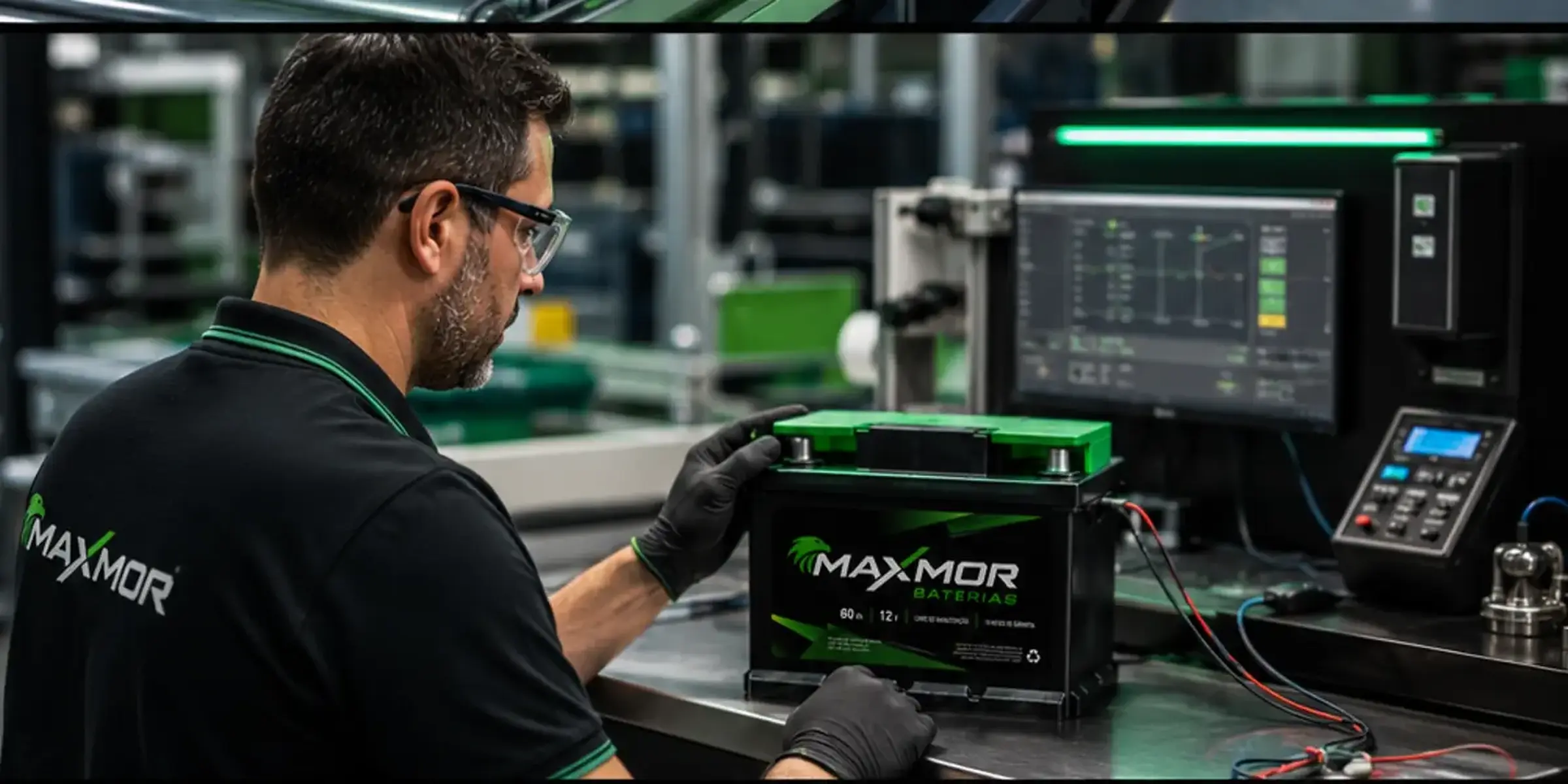 Profissional realizando controle de qualidade em bateria automotiva
