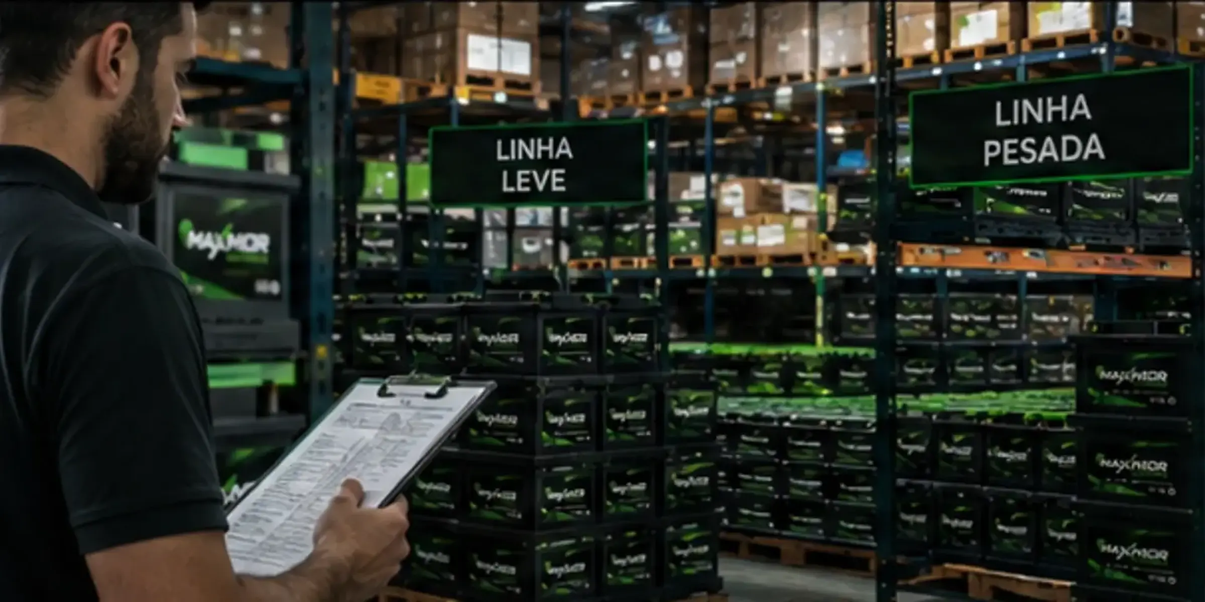 Estoque de baterias organizado por categorias e aplicações
