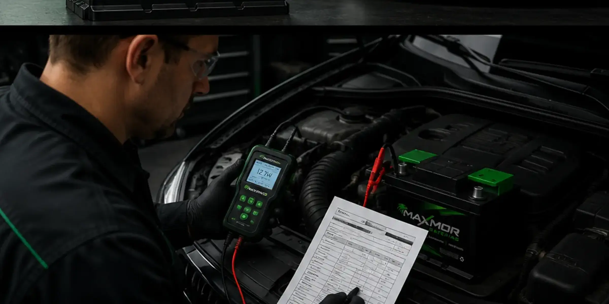Técnico realizando teste e conferência de bateria automotiva